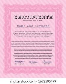 Pink Certificate template. Money Pattern. With linear background. Vector illustration. 