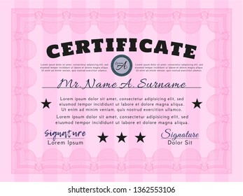 Pink Certificate template. Nice design. With complex linear background. Vector illustration. 