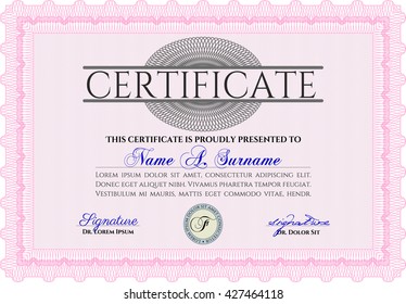 Pink Certificate template. Nice design. Detailed. Printer friendly. 