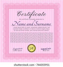 Pink Certificate template. Nice design. With guilloche pattern. Detailed. 