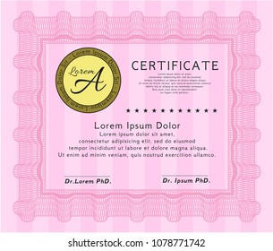  Pink Certificate template. Perfect design. Vector illustration. With great quality guilloche pattern. 