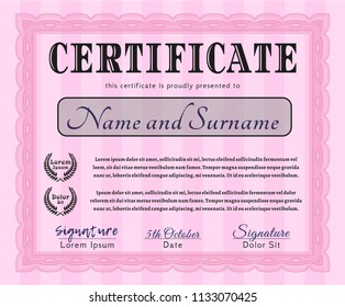 Pink Certificate template. Perfect design. With guilloche pattern and background. Detailed. 