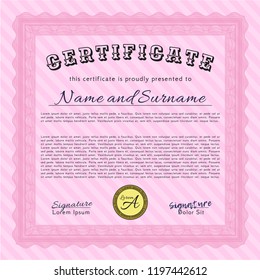 Pink Certificate template. Perfect design. Customizable, Easy to edit and change colors. With background. 