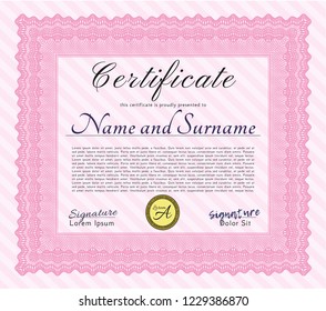 Pink Certificate template. Perfect design. With complex background. Detailed. 