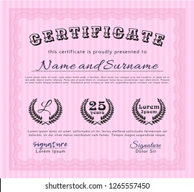 Pink Certificate template. Perfect design. Detailed. With guilloche pattern and background. 