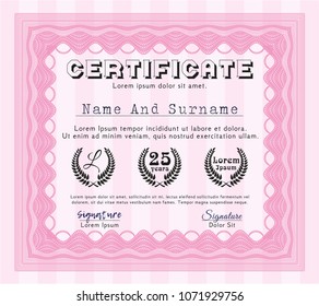  Pink Certificate template. With quality background. Cordial design. Detailed. 