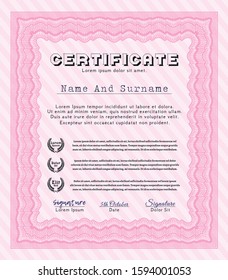 Pink Certificate template. With quality background. Good design. Vector illustration. 