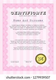 Pink Certificate template. Retro design. Complex background. Vector illustration. 