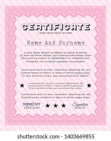 Pink Certificate template. Retro design. With complex linear background. Vector illustration. 