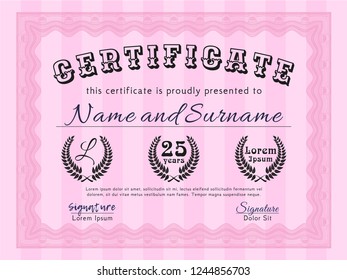 Pink Certificate template. Sophisticated design. With complex background. Detailed. 