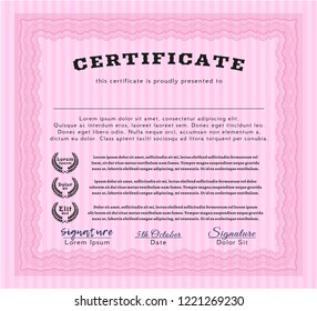 Pink Certificate template. Superior design. Customizable, Easy to edit and change colors. With complex linear background. 