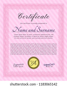 Pink Certificate template. Vector illustration. Complex background. Money design. 