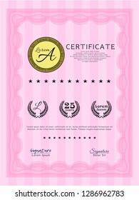 Pink Certificate template. Vector illustration. Printer friendly. Modern design. 