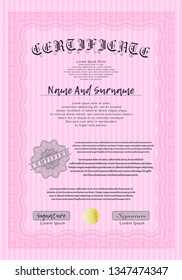 Pink Certificate template. Vector illustration. With linear background. Artistry design. 