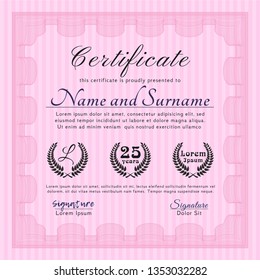 Pink Certificate template. Vector illustration. With complex linear background. Perfect design. 