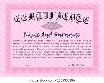 Pink Certificate template. Vector illustration. With guilloche pattern. Excellent design. 