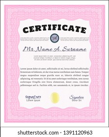 Pink Certificate template. Vector illustration. Printer friendly. Excellent design. 