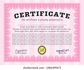 Pink Certificate template. Vector illustration. Printer friendly. Sophisticated design. 