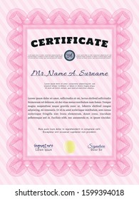Pink Certificate template. Vector illustration. With complex background. Money style design. 