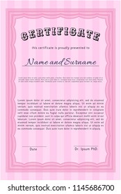 Pink Certificate. Vector illustration. With background. Excellent design. 