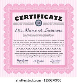 Pink Certificate. Vector illustration. With complex background. Cordial design. 