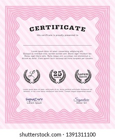 Pink Certificate. Vector illustration. With complex linear background. Nice design. 