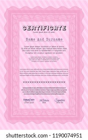 Pink Certificate. Vector illustration. Easy to print. Superior design. 