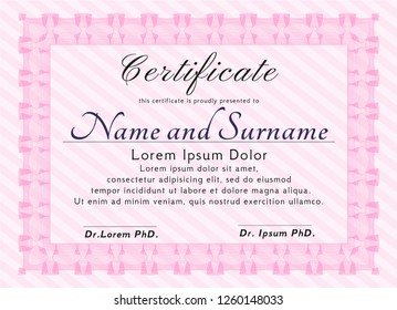 Pink Certificate. Vector illustration. With guilloche pattern. Retro design. 