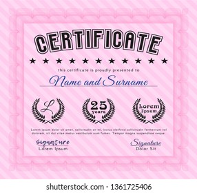 Pink Certificate. Vector illustration. With linear background. Money Pattern design. 