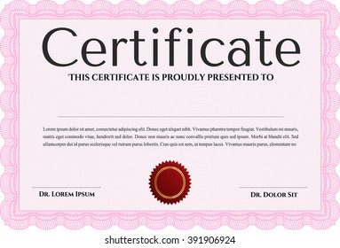 Pink Certificatem diplmoa or award template. Money style design. Design template. With guilloche pattern. 