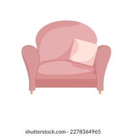 Pink chair. Armchair with decorative pillow. Cozy comfortable furniture in hygge style. Hand drawn vector illustration