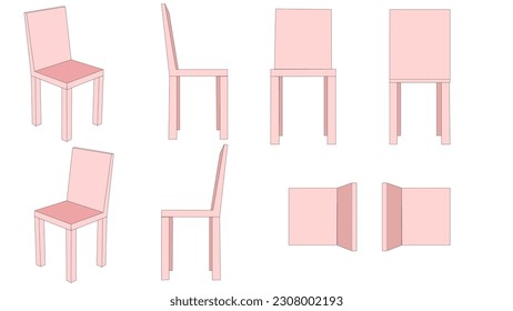 Silla rosa, vista desde diferentes ángulos, vista superior, frontal, izquierda, derecha, vector isométrico