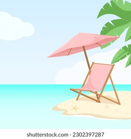 Pink chaise longue with an umbrella on the seashore. Tropical beach. Vacation.
