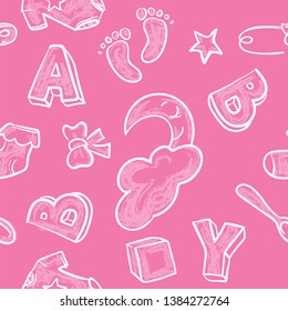 Pink chalk pattern set of doodle sketch illustration of baby vector symbols for baby girl shower invitation