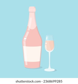 botella rosa de champán con vidrio, ilustración vectorial