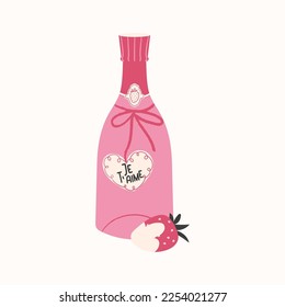 Pink champagne bottle with heart, strawberry and Je t'aime text. Happy Valentine's Day cute card vector Illustration isolated on white background