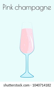 Pink champagne with bubbles in a tall glass. Vector illustration on a light blue background with the name.