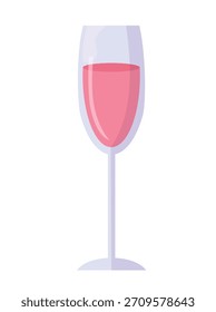 Pink champagne in a glass. Flat vector clipart illustration with isolated background.