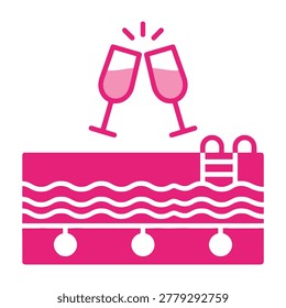 Pink champagne glasses clinking above a decorated pool party cake with ornaments