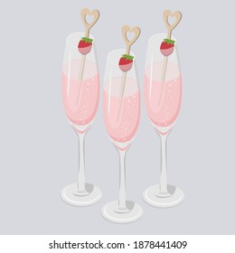 pink champagne in glasses with strawberries, serving, hen party