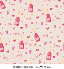 Padrão de champanhe rosa sem costura. Clipart de vetor plano, ilustração com plano de fundo isolado.