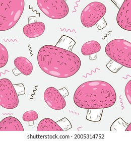 Pink champignon mushrooms abstract vector seamless repeat pattern.
