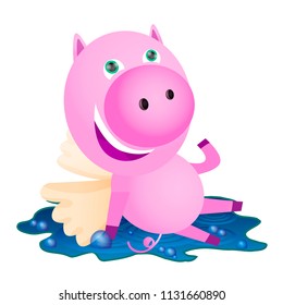 Pink character cartoon Piglet with wings sits in a mud puddle. Use for your Design, Web site, Articles, Blog, Postcard, Poster. Colorful hand drawn vector stock   illustration.