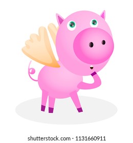 Pink Character cartoon Piglet with wings. Use for your Design, Web site, Articles, Blog, Postcard, Poster. Colorful hand drawn vector stock   illustration.