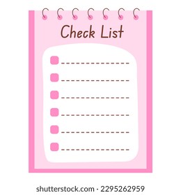 Pink check list with spiral. Template for planners, agenda, schedule, checklists, notebooks, cards and other stationery. Planning, office, business, organization of work concept.