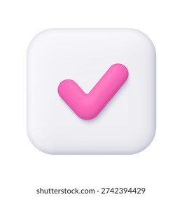Pink check mark on white square button. Done mark, yes or correct sign. Approval, success and confirmation concept. 3d vector icon. Cartoon minimal style.