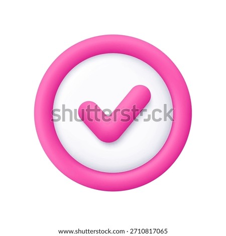 Pink check mark on white circle button. Business, productivity, approval, success and confirmation concept. 3d vector icon. Cartoon minimal style.