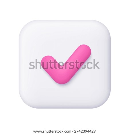 Pink check mark on white square button. Done mark, yes or correct sign. Approval, success and confirmation concept. 3d vector icon. Cartoon minimal style.