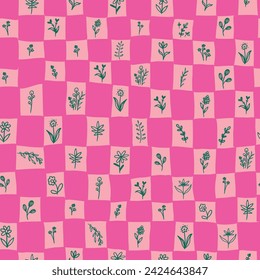 Pink check pattern with botanical seamless repeat pattern. Hand drawn, vector flowers, leaves, herbs, branches grid aop all over surface print.