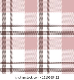 Pink check pattern vector background. Seamless tartan plaid in brown, light pink, and white for flannel shirt, scarf, skirt, blanket, or other modern textile design. herringbone texture.
